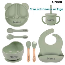 Baby Cutlery Baby Silicone Suction Cups Dining Plates Customized Name (Color: green)