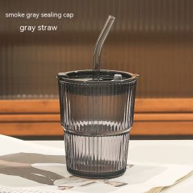 Striped Bamboo Glass Ins Wind Straw With Cover Water Cup (Option: Smoky Gray-400ml)