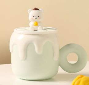 Little Bear Ceramic Cup With Lid Large Capacity Cute (Color: green)