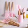 11pcs Wooden Handle Silicone Kitchen Utensils Set Storage Bucket Non-stick Shovel Spoon Cooking Kitchen Utensils 11 Pieces Set Silicone Shovel Spoon